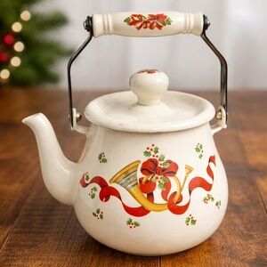 Vintage Holiday White Teapot with Red and Gold Design